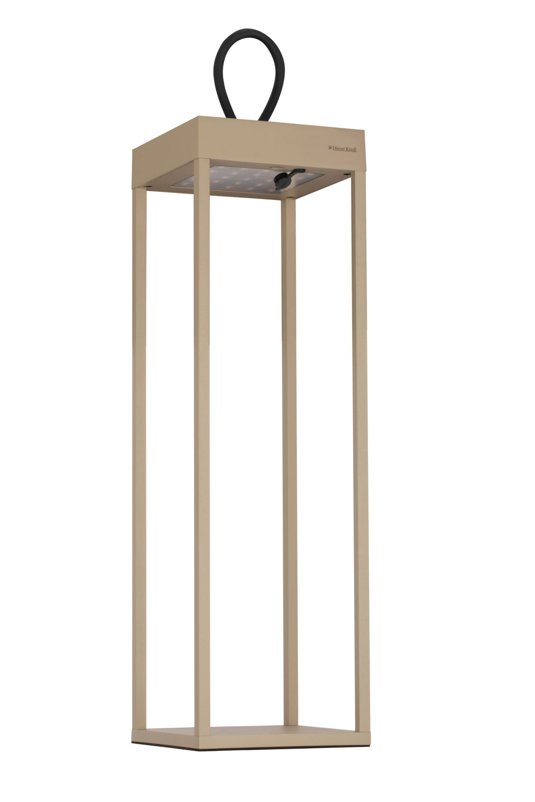 Moderne Akku-Tischleuchte von Dieter Knoll in rechteckiger Form mit offenem Design und schwarzem Griff, seitliche Perspektive