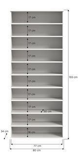 Frontale Ansicht eines weißen Schuhregals mit zehn Regalböden, Maße: 193 cm hoch, 80 cm breit, 34 cm tief.