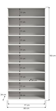 Frontale Ansicht eines weißen Schuhregals mit zehn Regalböden, Maße: 193 cm hoch, 80 cm breit, 34 cm tief.