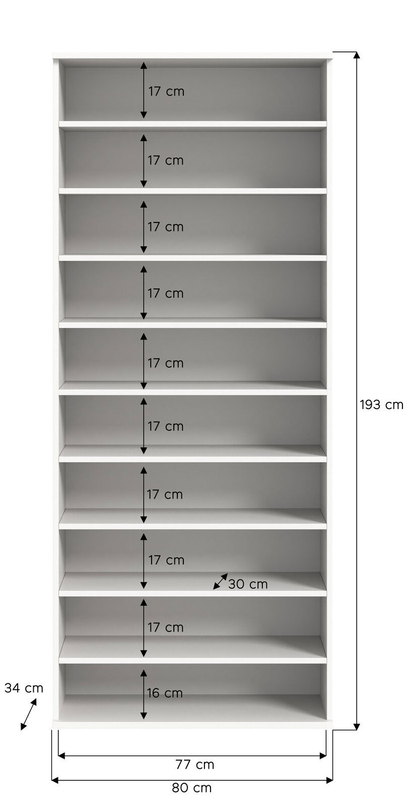 Frontale Ansicht eines weißen Schuhregals mit zehn Regalböden, Maße: 193 cm hoch, 80 cm breit, 34 cm tief.