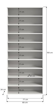 Frontale Ansicht eines weißen Schuhregals mit zehn Regalböden, Maße: 193 cm hoch, 80 cm breit, 34 cm tief.