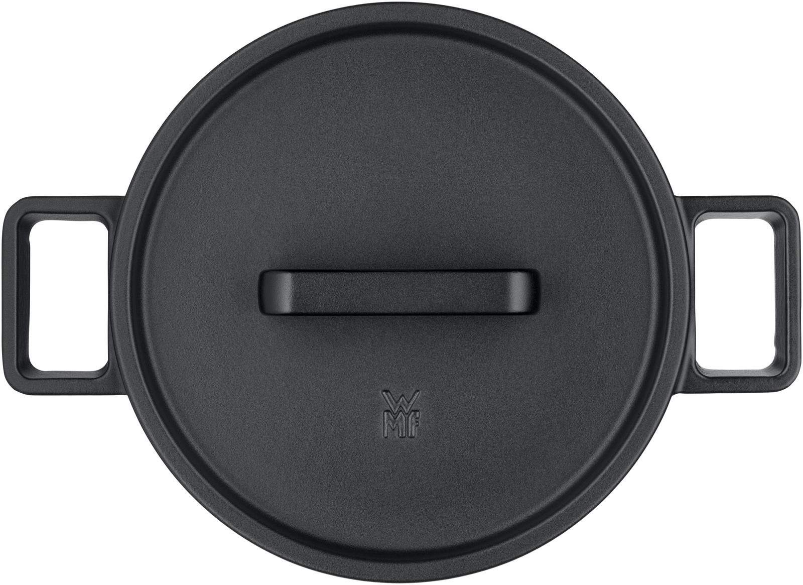 Draufsicht auf einen schwarzen WMF Flavour Bräter mit zwei Griffen und einem Deckel.