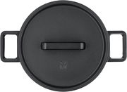 Draufsicht auf einen schwarzen WMF Flavour Bräter mit zwei Griffen und einem Deckel.