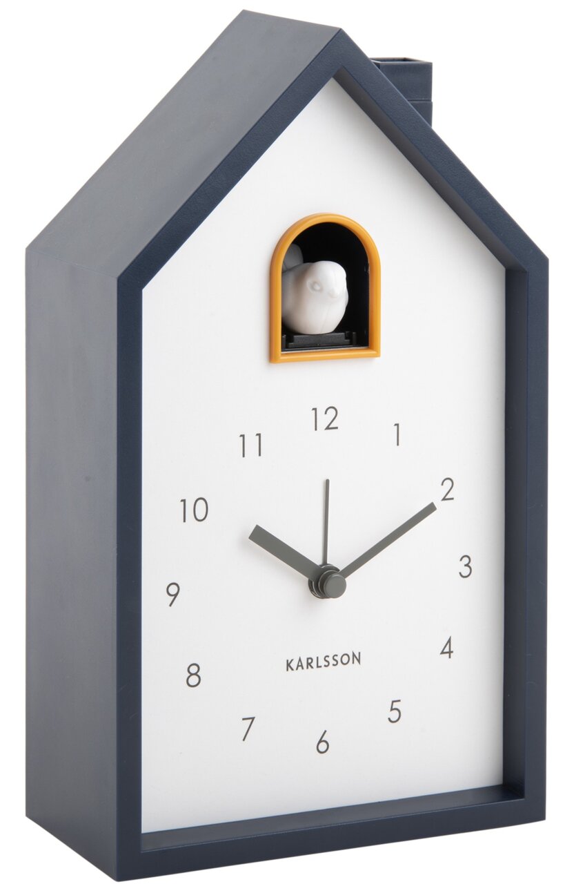 Moderner Wecker in Form eines Hauses mit Kuckuck, seitliche Perspektive