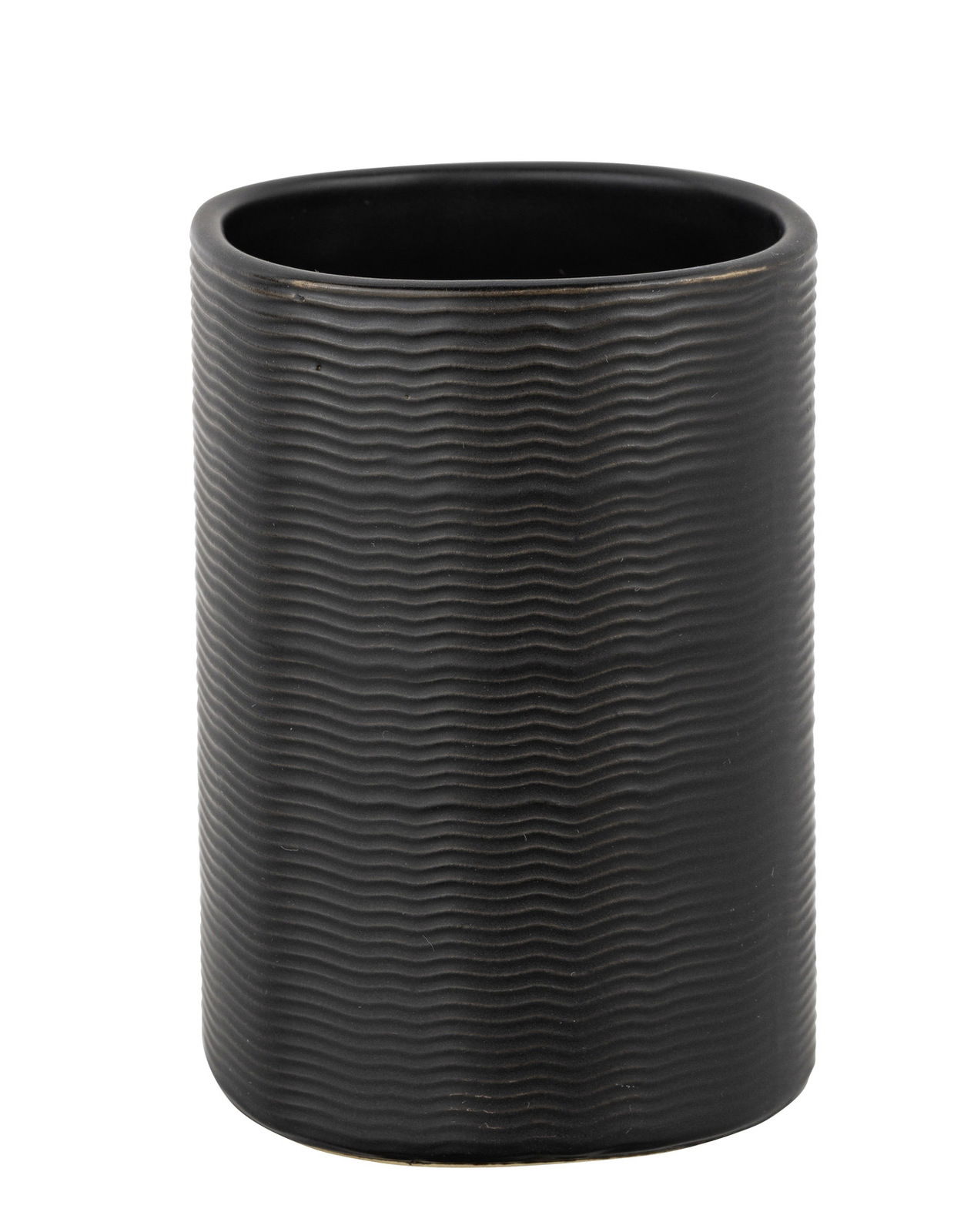 Schöner Wohnen Zahnputzbecher ZENA Schwarzer Keramik Zahnputzbecher Zena mit wellenförmiger Struktur, frontal abgebildet.