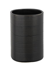 Schwarzer Keramik Zahnputzbecher Zena mit wellenförmiger Struktur, frontal abgebildet.