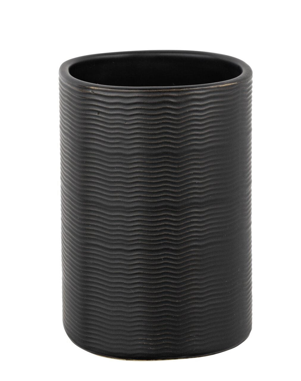Schwarzer Keramik Zahnputzbecher Zena mit wellenförmiger Struktur, frontal abgebildet.