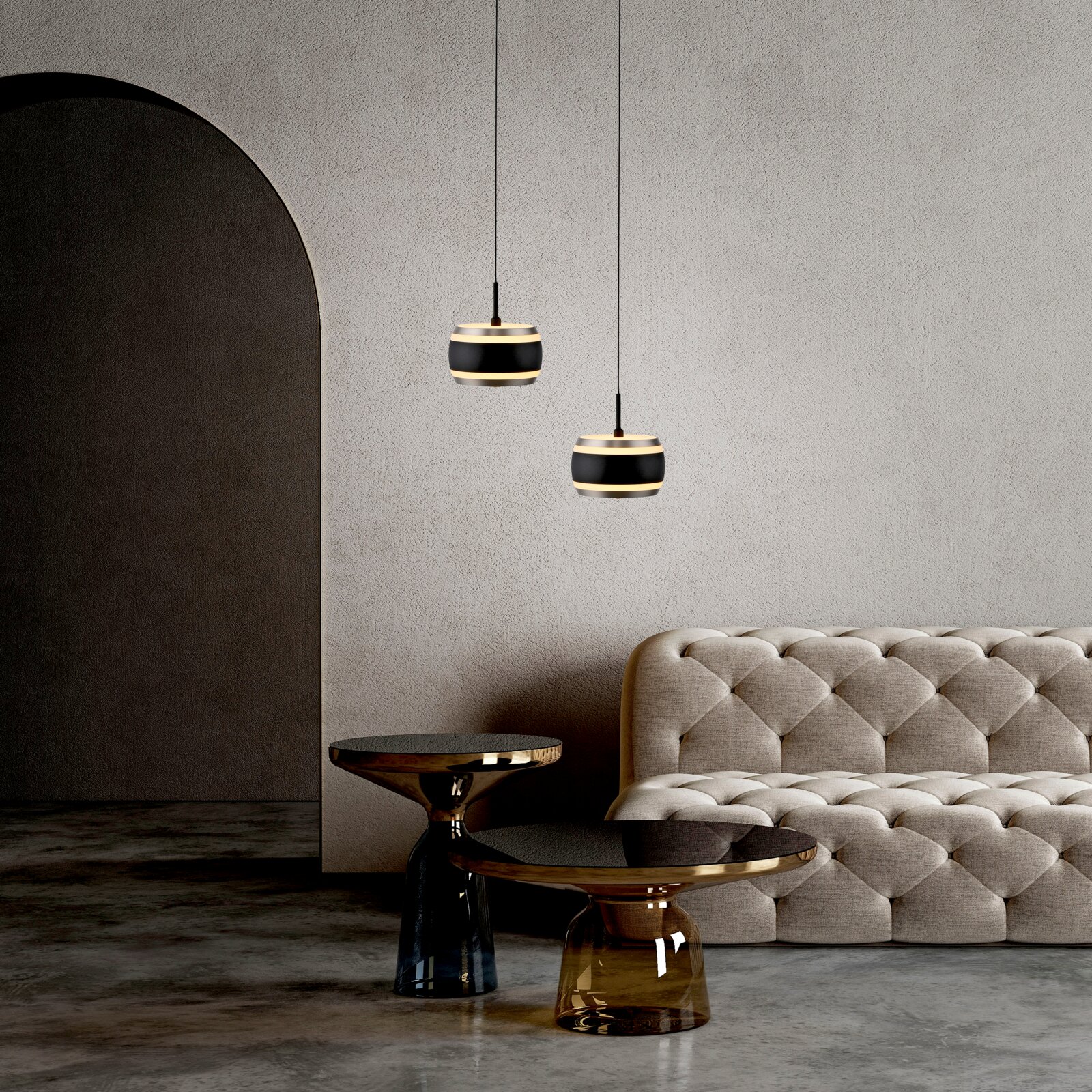 Neuhaus Pure LED-hanglamp PURE FALLING RINGS Twee moderne LED-hanglampen in een elegante ruimte met een beige bank en stijlvolle bijzettafels, gezien vanaf de zijkant.