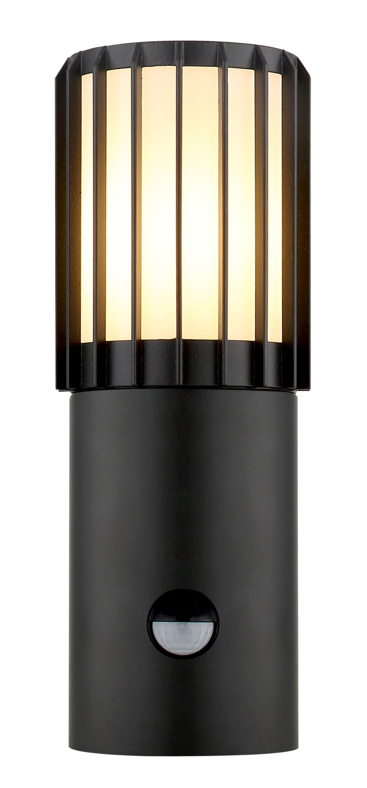 Zwarte, cilindervormige buitenwandlamp met warmwitte diffuser, verticale steunen en ingebouwde bewegingsmelder, vooraanzicht