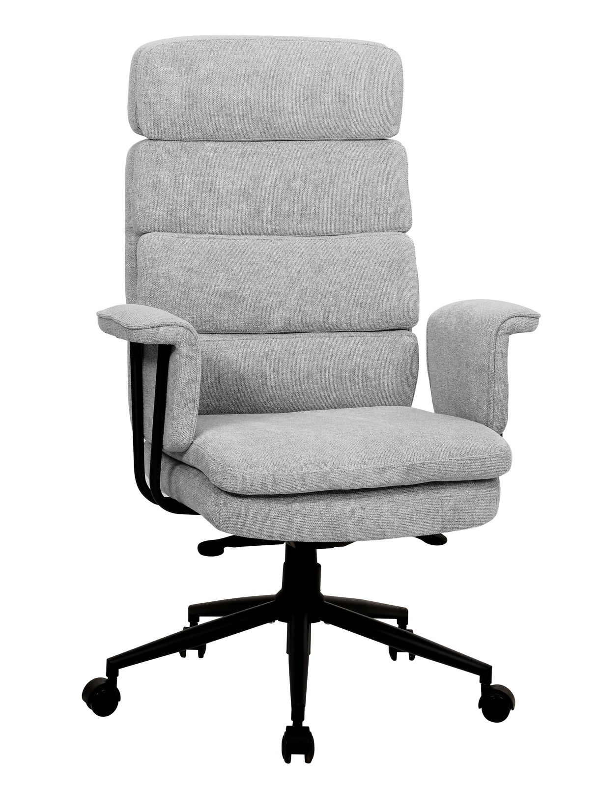 Grauer Chefsessel mit gepolsterter Rückenlehne und Armlehnen, Vorderansicht