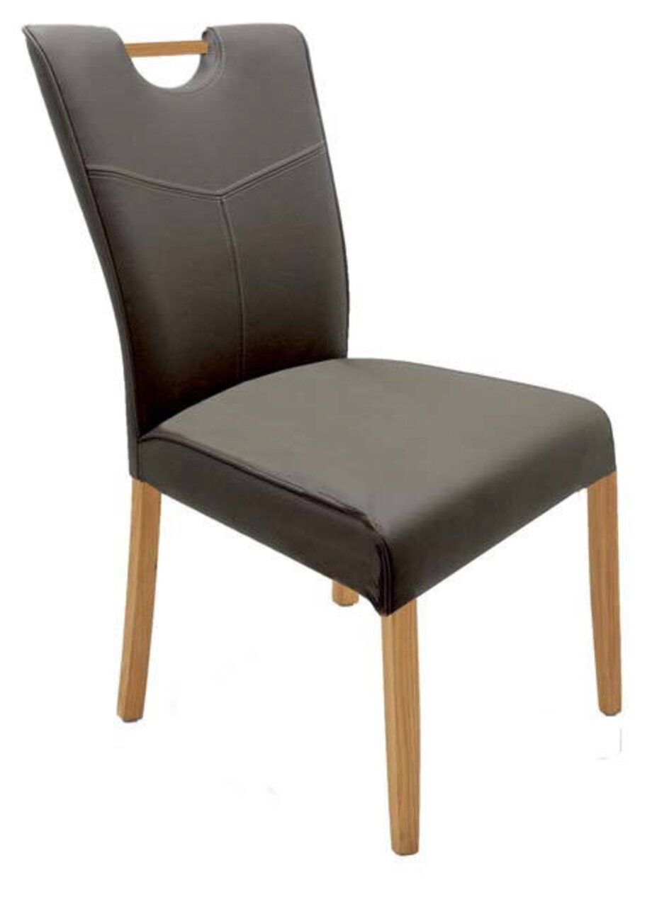 Moderner Stuhl mit dunklem Kunstlederbezug und hellen Holzbeinen, seitliche Perspektive