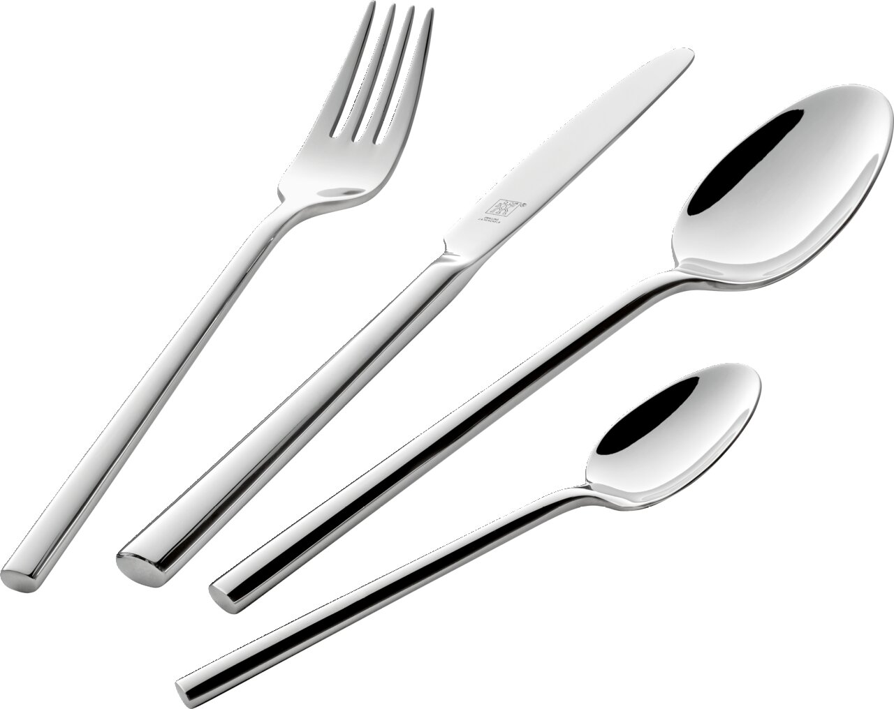 Elegantes Besteckset Aberdeen 60-tlg. aus Edelstahl, bestehend aus Gabel, Messer, Esslöffel und Teelöffel, in schräger Perspektive.