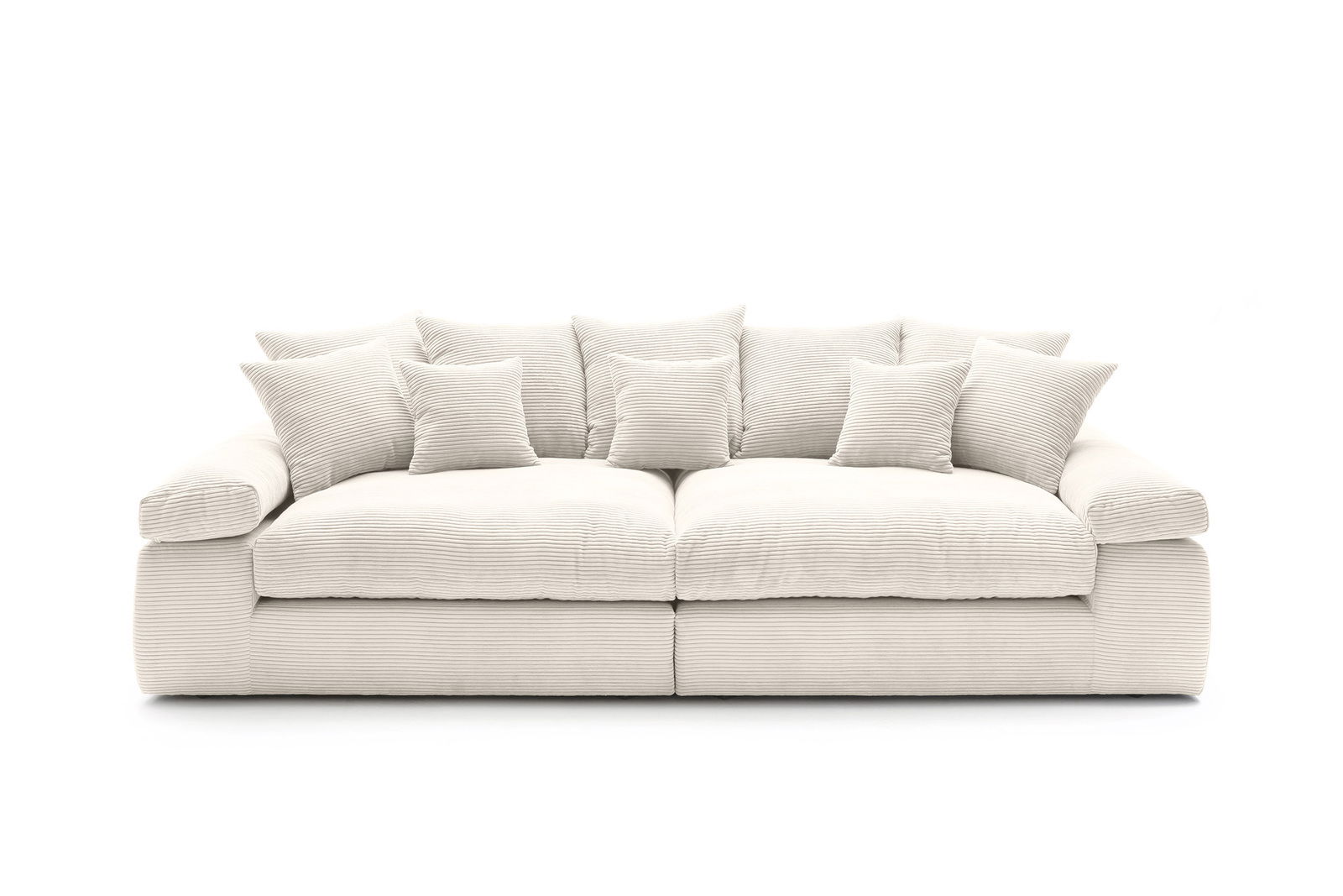 Großes, cremefarbenes Big-Sofa mit mehreren Kissen, Vorderansicht