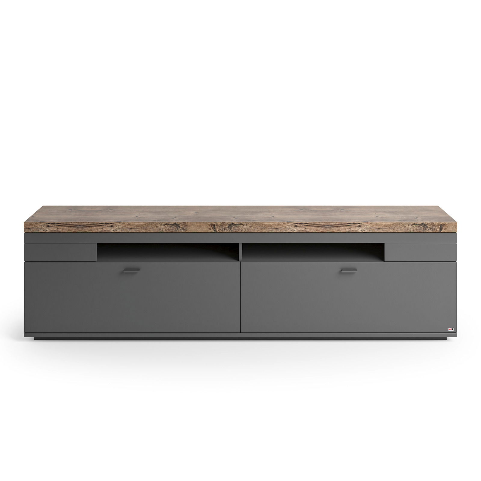 Frontansicht eines modernen TV-Lowboards mit grauer Oberfläche und Holzoptik auf der Oberseite.
