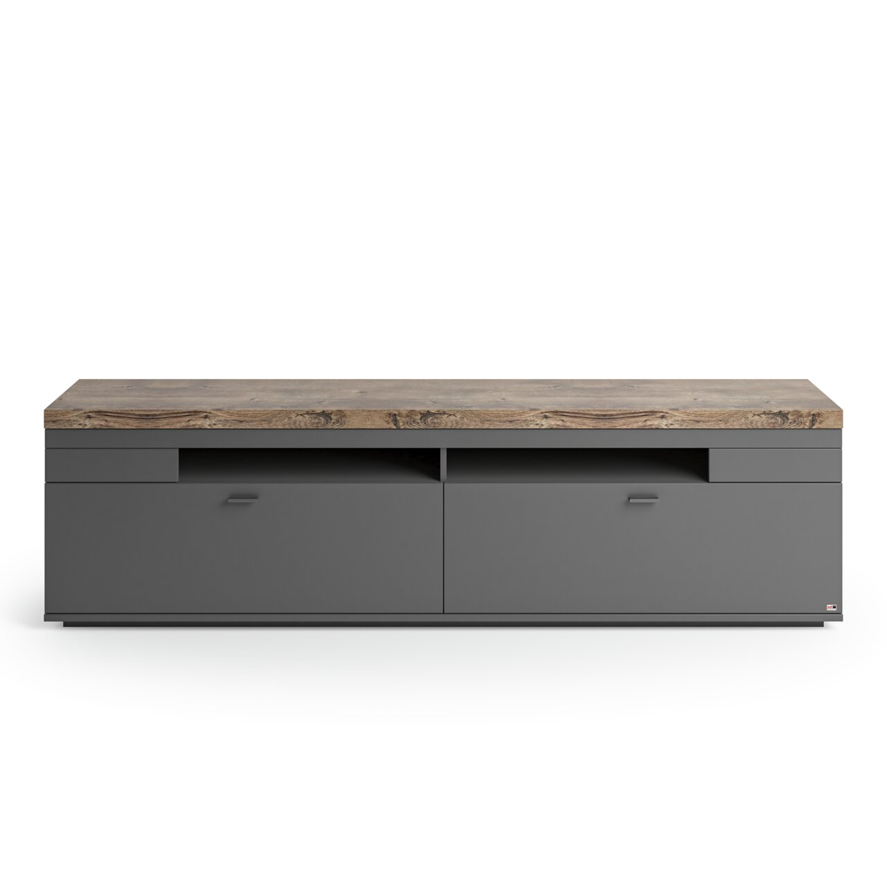 Frontansicht eines modernen TV-Lowboards mit grauer Oberfläche und Holzoptik auf der Oberseite.