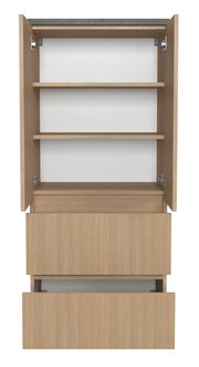 Frontansicht eines offenen Midischranks mit zwei Regalböden und zwei Schubladen in Holzoptik.