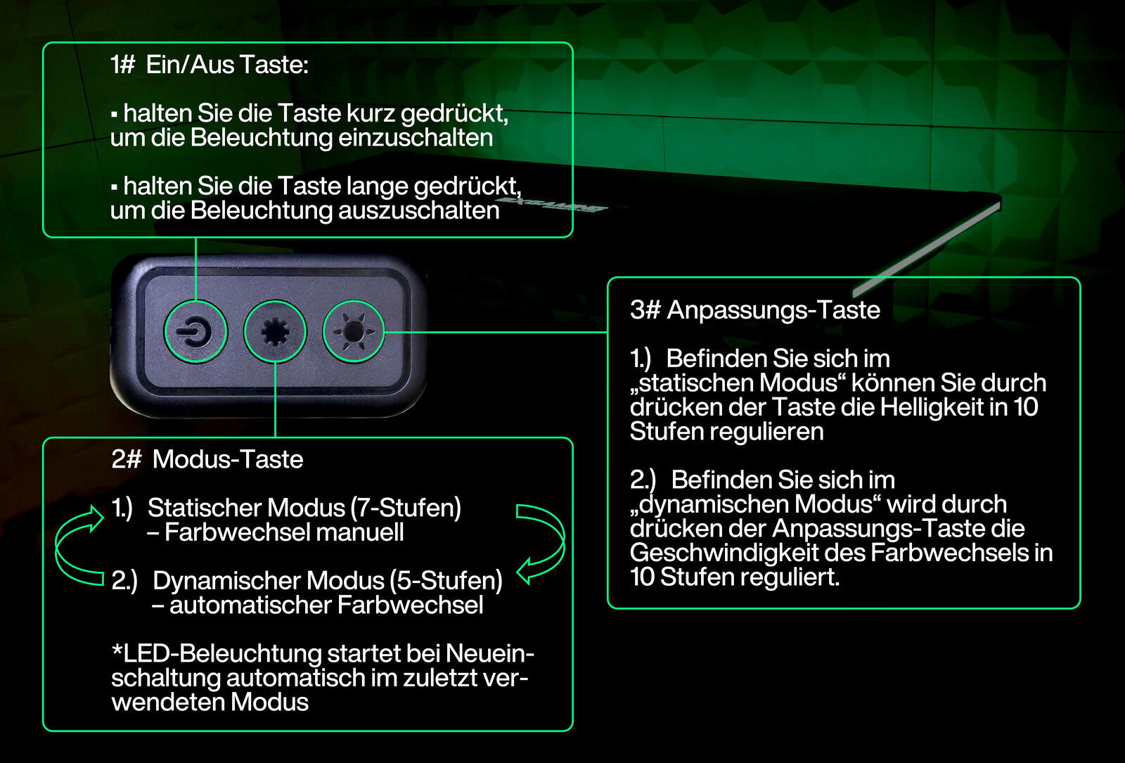 Nahaufnahme eines E-Gaming Tisches mit LED-Beleuchtungssteuerung, die verschiedene Modi und Anpassungen ermöglicht. Perspektive von oben auf die Steuerungseinheit.