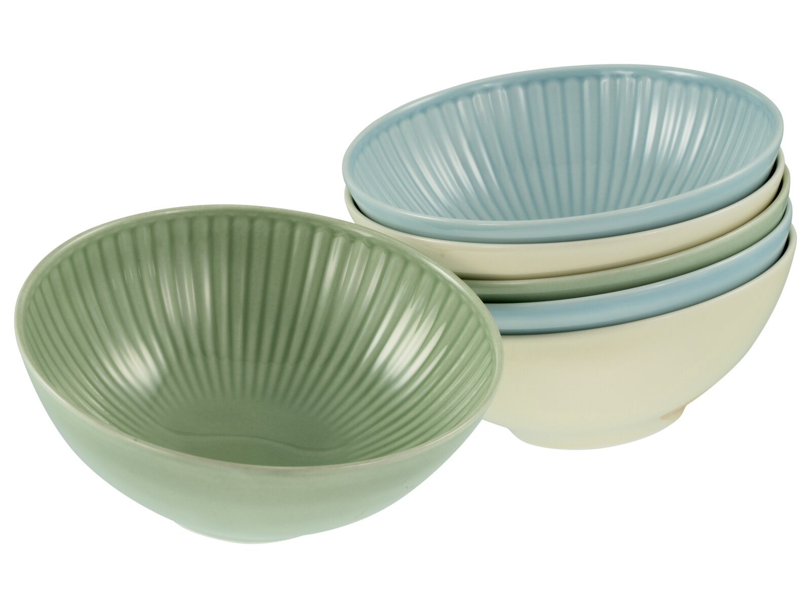 Creatable Mehrzweckschalen 6-tlg VALENCIA Stapelbare Keramikschalen mit geriffelter Innenseite in Pastellfarben (Grün, Blau, Creme), schräg von vorne in leicht erhöhter Perspektive fotografiert