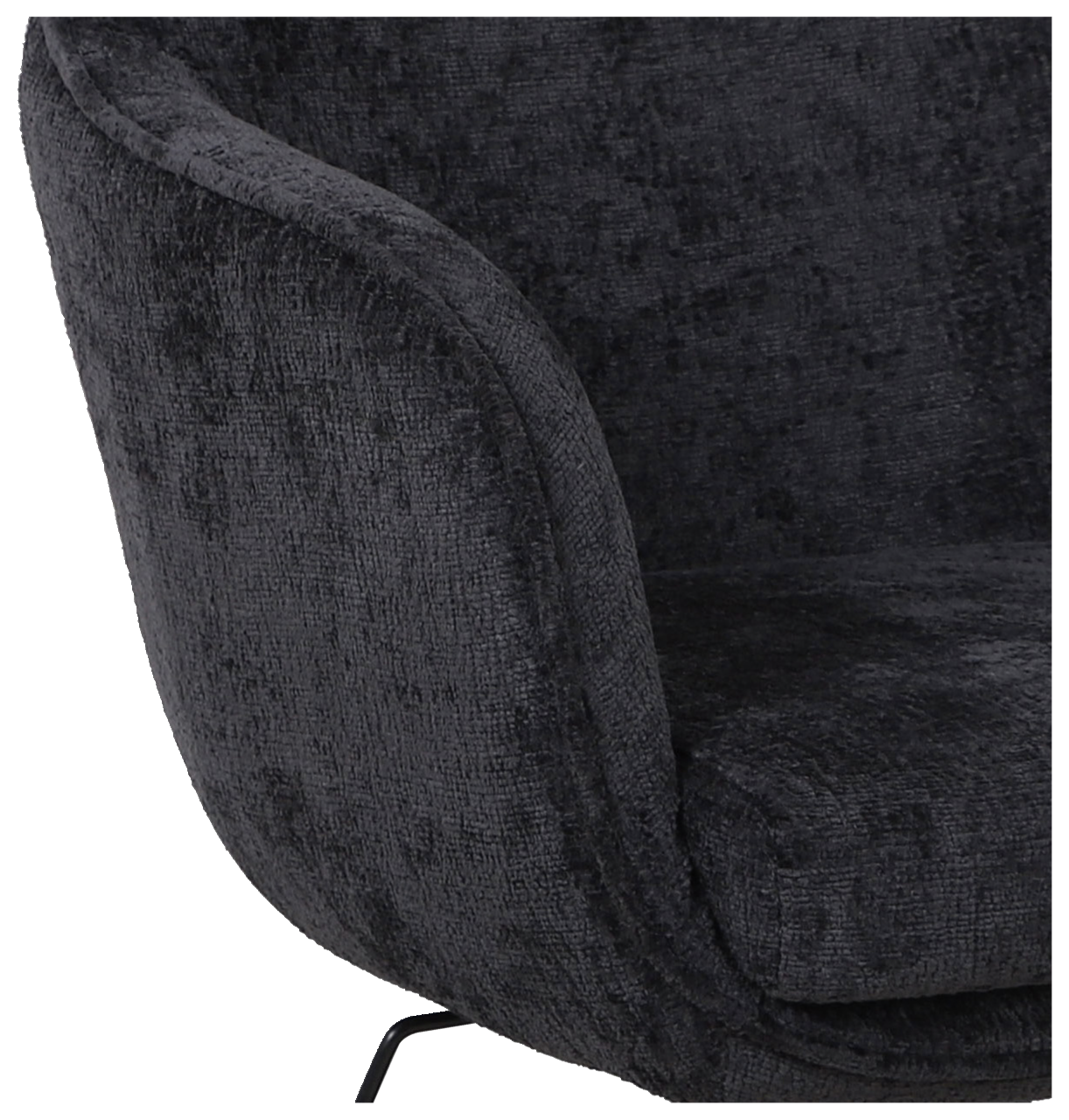 Nahaufnahme eines schwarzen Drehstuhls mit weicher Polsterung, seitliche Perspektive