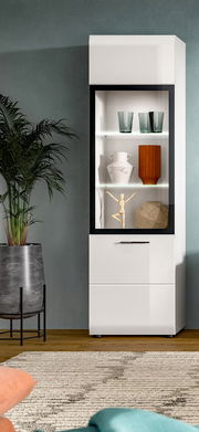 Weiße, moderne Vitrine mit schwarzem Rahmen und Glasfront, innen beleuchtet und mit Deko-Objekten bestückt, im Wohnzimmer neben einer großen Topfpflanze; frontale Ansicht mit leichter Perspektive von links.