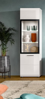 Weiße, moderne Vitrine mit schwarzem Rahmen und Glasfront, innen beleuchtet und mit Deko-Objekten bestückt, im Wohnzimmer neben einer großen Topfpflanze; frontale Ansicht mit leichter Perspektive von links.