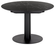 Runder Esstisch mit schwarzer Marmoroptik und zentralem Standfuß, seitliche Perspektive
