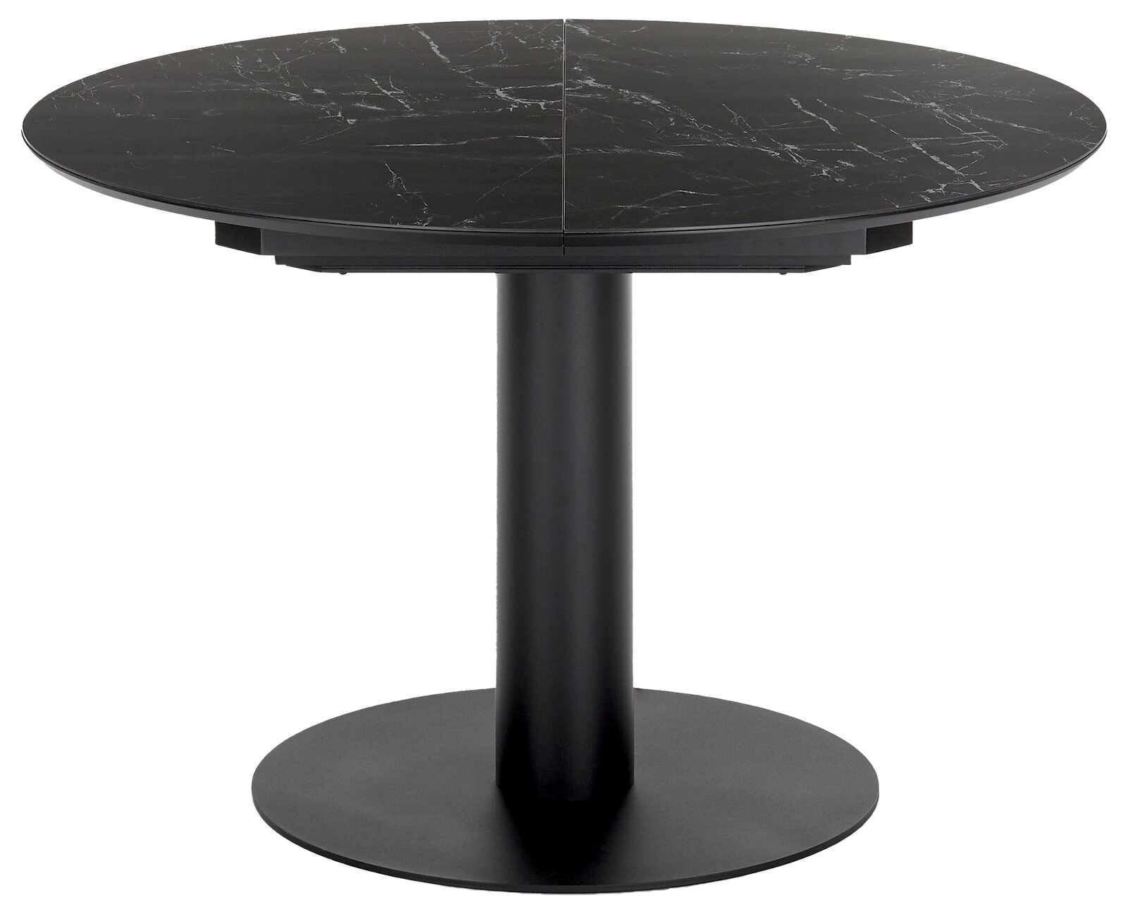 Runder Esstisch mit schwarzer Marmoroptik und zentralem Standfuß, seitliche Perspektive