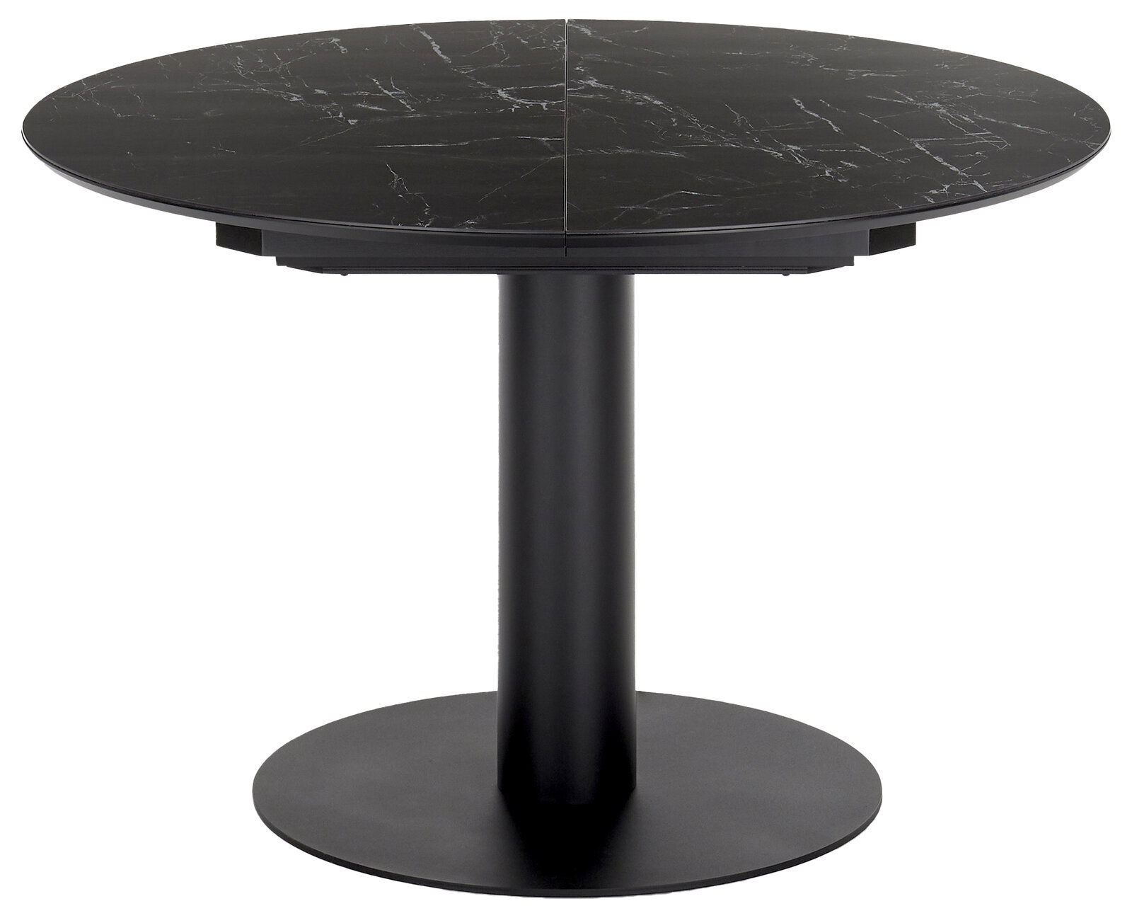 Runder Esstisch mit schwarzer Marmoroptik und zentralem Standfuß, seitliche Perspektive