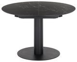 Runder Esstisch mit schwarzer Marmoroptik und zentralem Standfuß, seitliche Perspektive