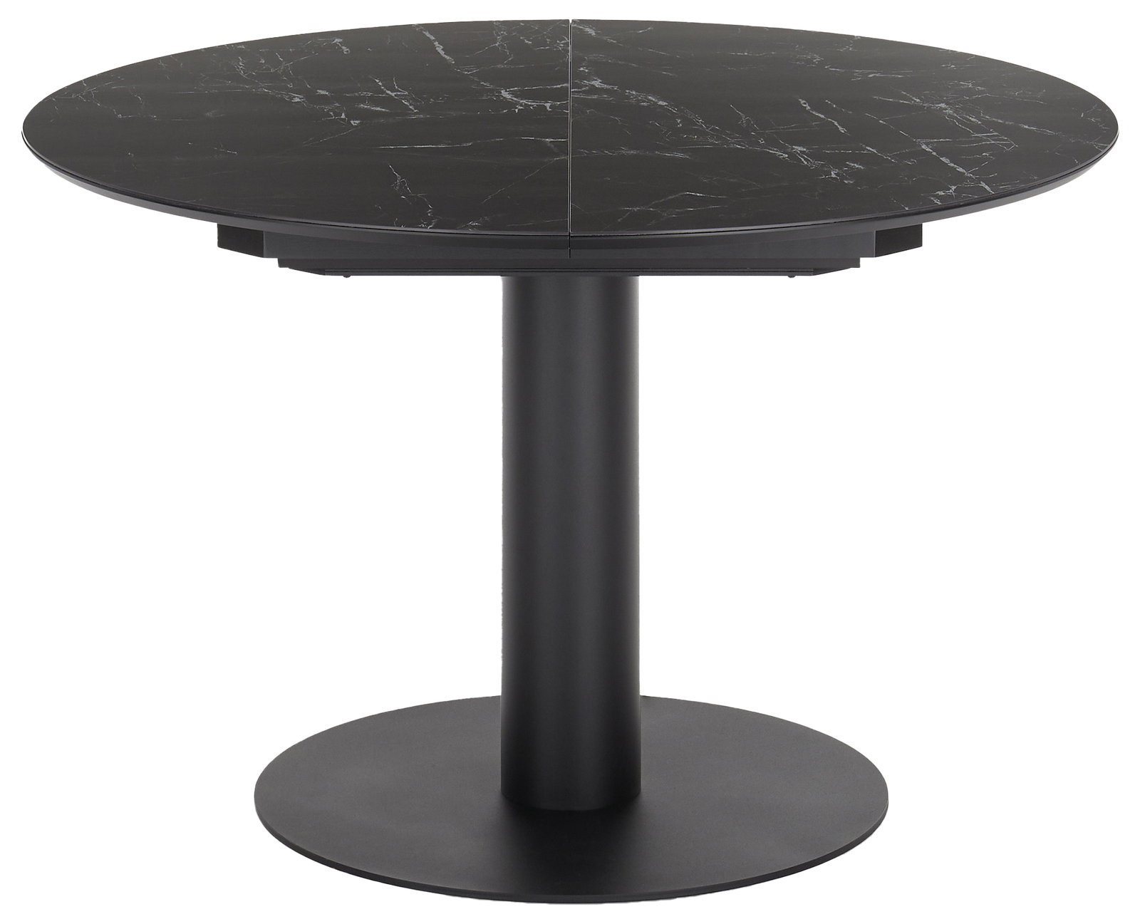 WK-Wohnen Esstisch (120) WK 852 Runder Esstisch mit schwarzer Marmoroptik und zentralem Standfuß, seitliche Perspektive