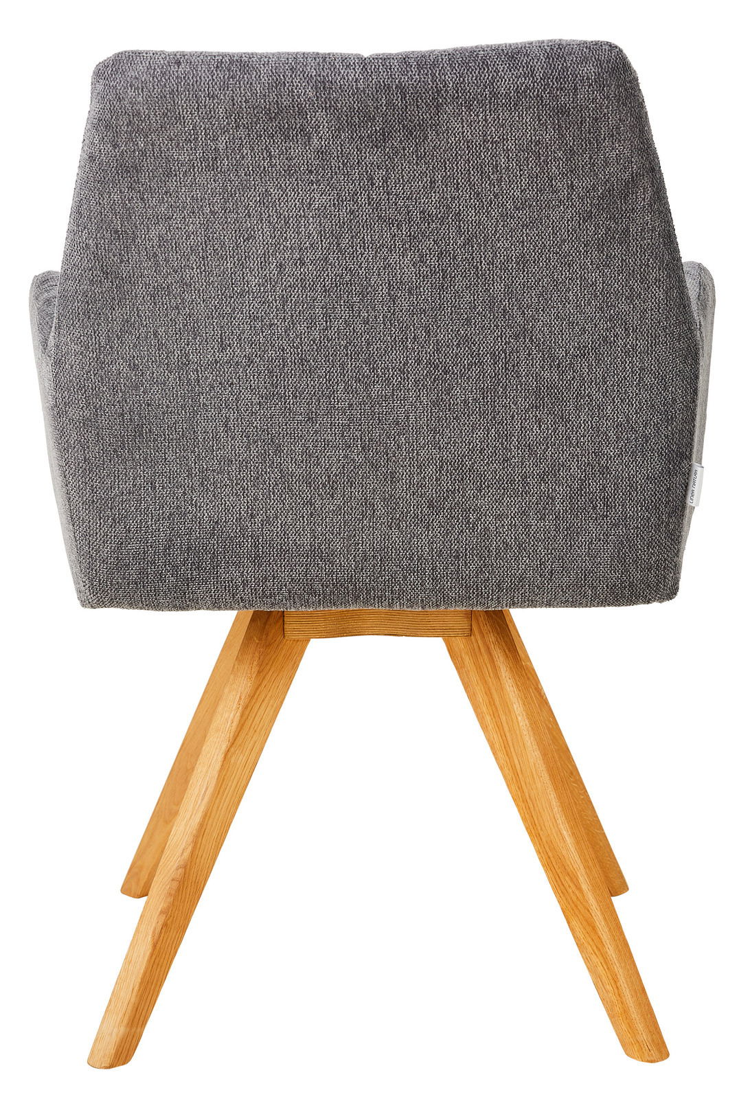 Rückansicht eines grauen Armlehnstuhls mit Holzbeinen