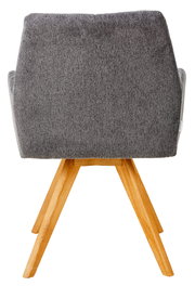 Rückansicht eines grauen Armlehnstuhls mit Holzbeinen