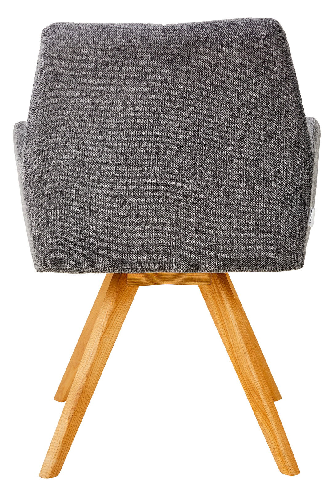 Rückansicht eines grauen Armlehnstuhls mit Holzbeinen