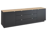 TV-Sideboard in moderner Optik mit dunkler Front und heller Holzplatte, seitliche Perspektive