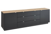 TV-Sideboard in moderner Optik mit dunkler Front und heller Holzplatte, seitliche Perspektive