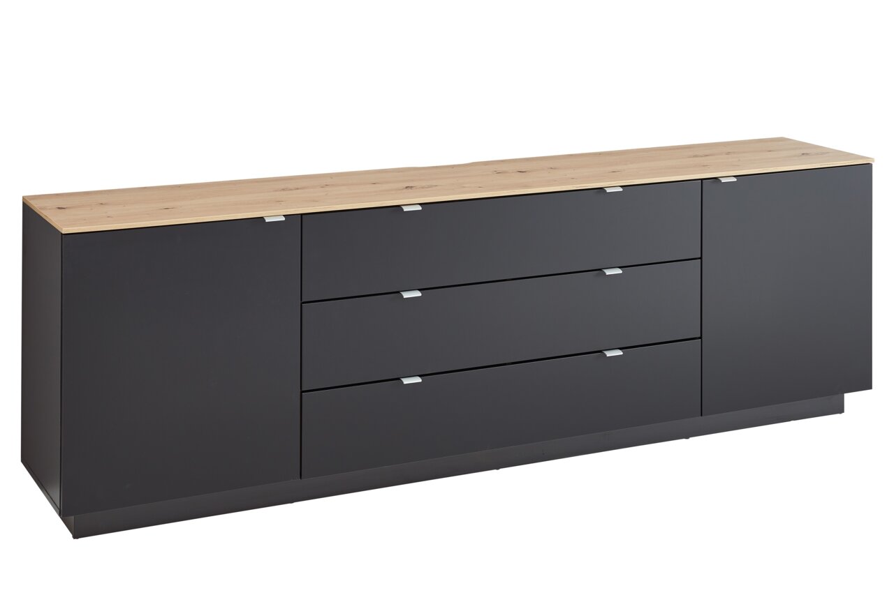 Z2 TV-Sideboard CORE TV-Sideboard in moderner Optik mit dunkler Front und heller Holzplatte, seitliche Perspektive