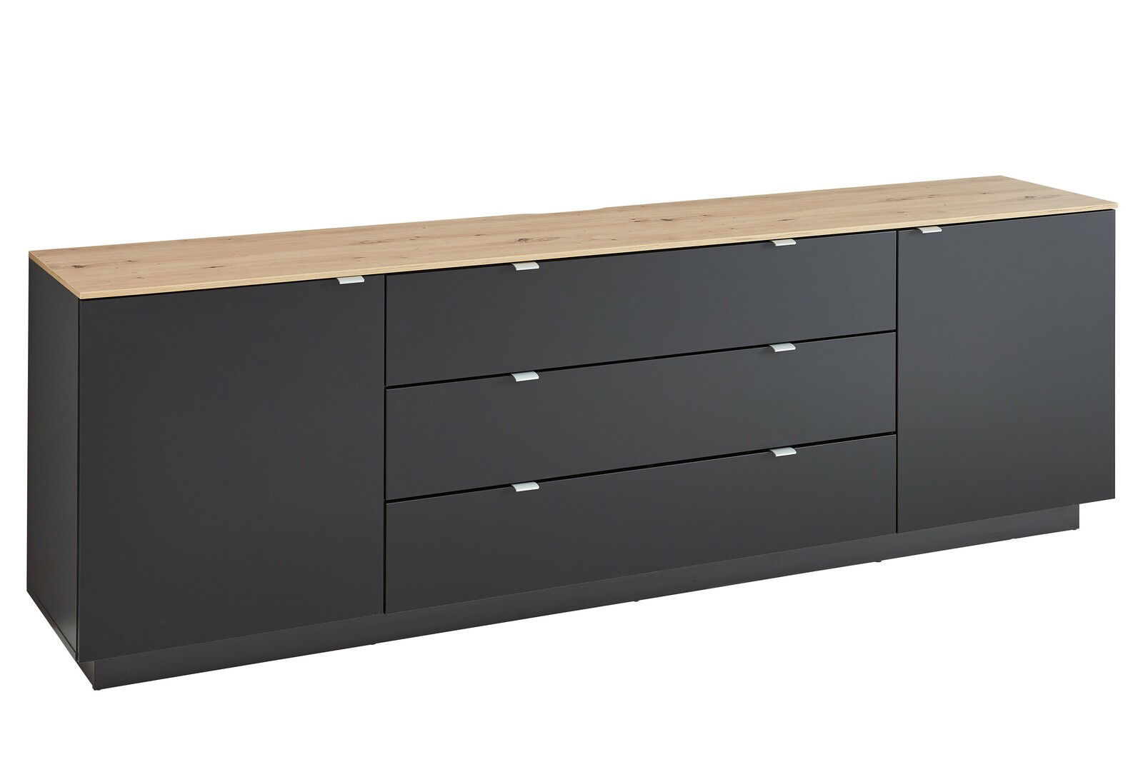 TV-Sideboard in moderner Optik mit dunkler Front und heller Holzplatte, seitliche Perspektive