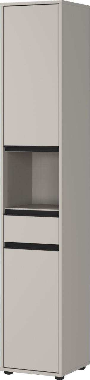 Hochschrank in grauer Farbe mit zwei Türen und einer Schublade, frontal betrachtet.