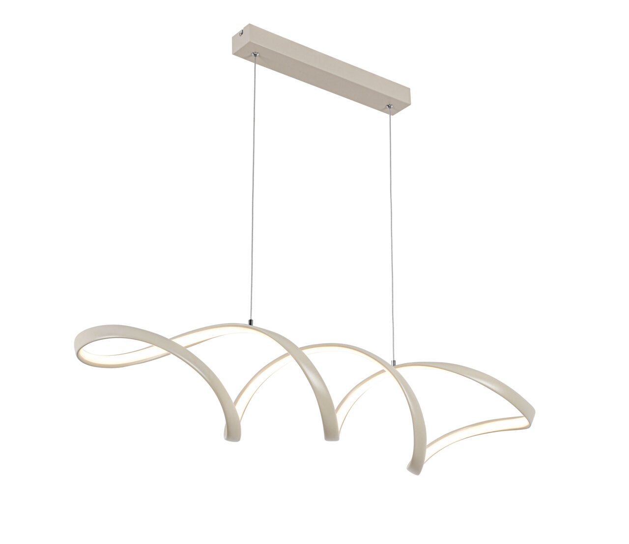 Moderne LED-Hängeleuchte mit geschwungenem Design, seitliche Perspektive