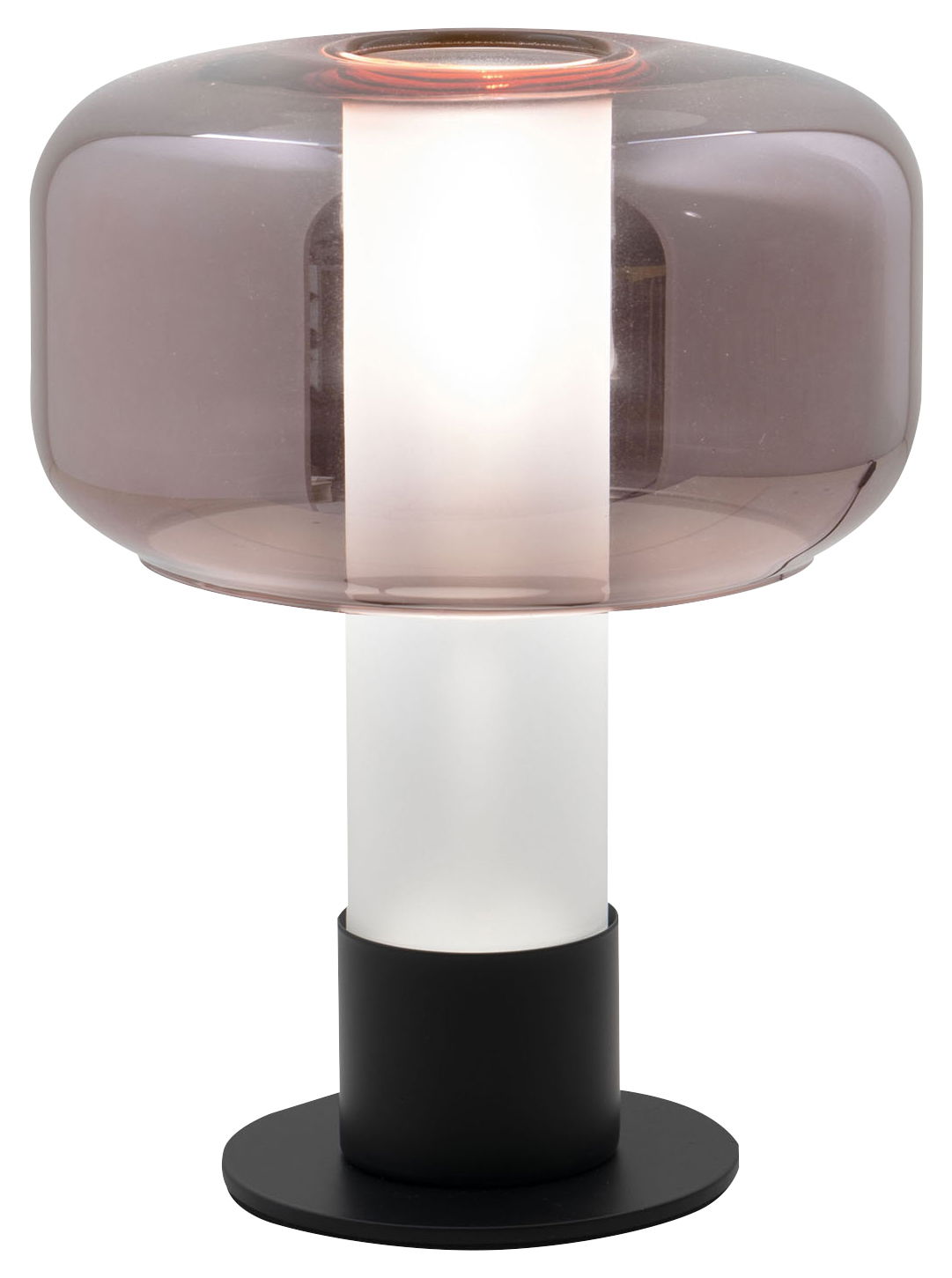 Moderne Tischleuchte mit rauchgrauem Glas und schwarzem Sockel, seitliche Perspektive