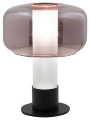 Moderne Tischleuchte mit rauchgrauem Glas und schwarzem Sockel, seitliche Perspektive