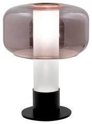 Moderne Tischleuchte mit rauchgrauem Glas und schwarzem Sockel, seitliche Perspektive