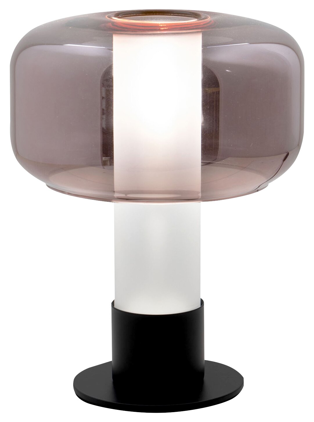 Moderne Tischleuchte mit rauchgrauem Glas und schwarzem Sockel, seitliche Perspektive