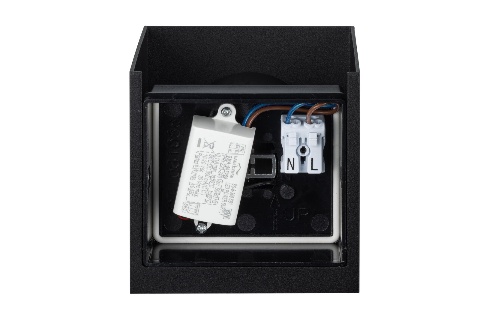 Rückansicht einer LED-Wandleuchte mit sichtbaren elektrischen Anschlüssen und Verkabelung.