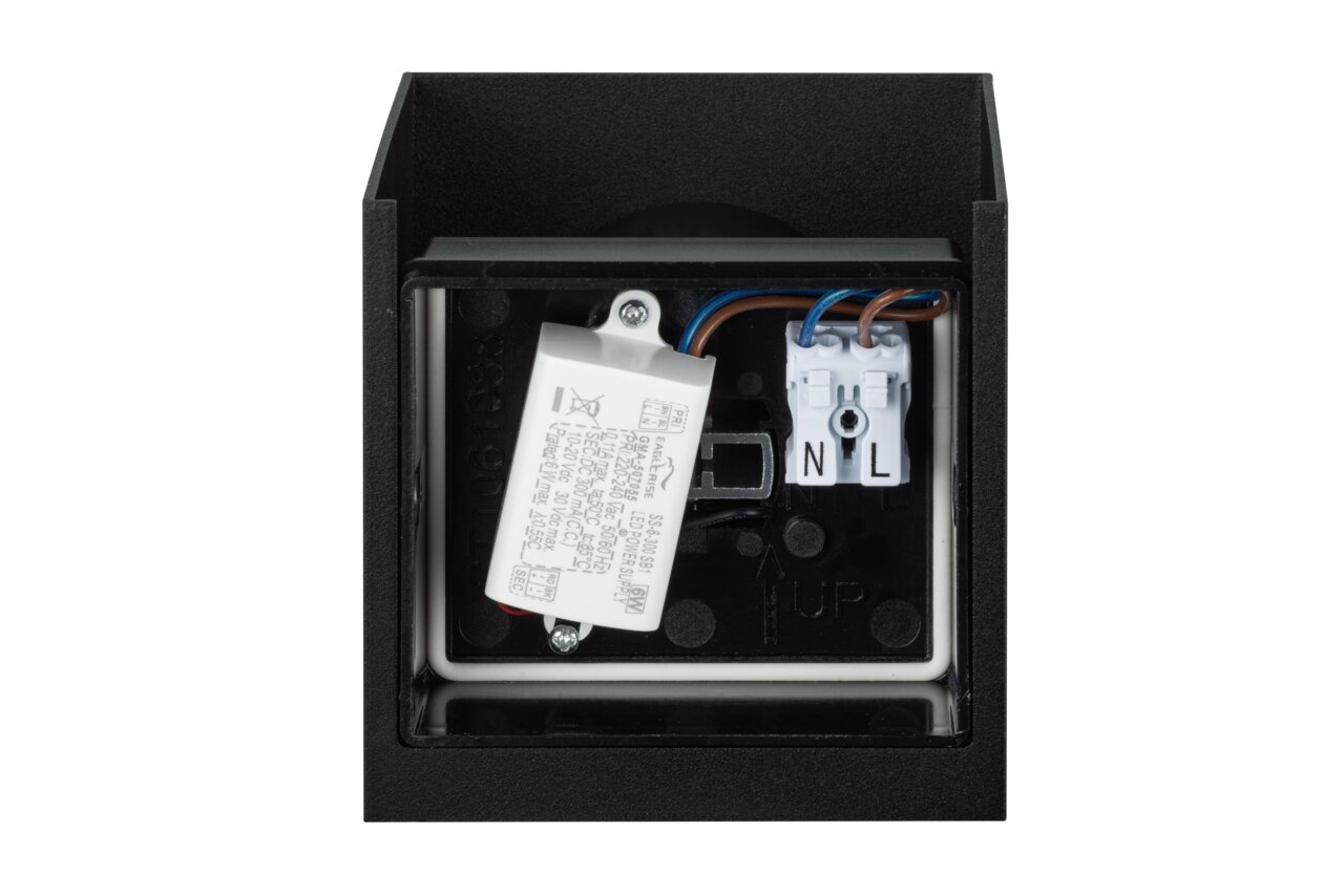 Rückansicht einer LED-Wandleuchte mit sichtbaren elektrischen Anschlüssen und Verkabelung.
