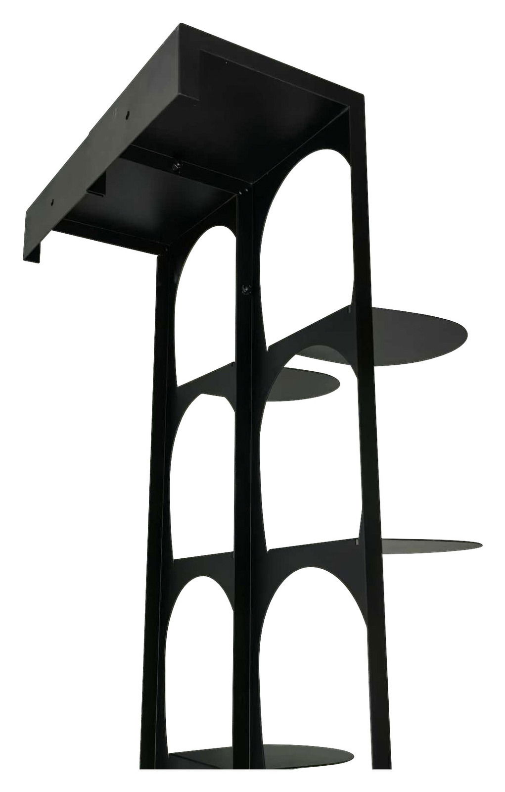 Schwarzes Schuhregal aus Metall mit mehreren runden Ablagen, seitliche Perspektive