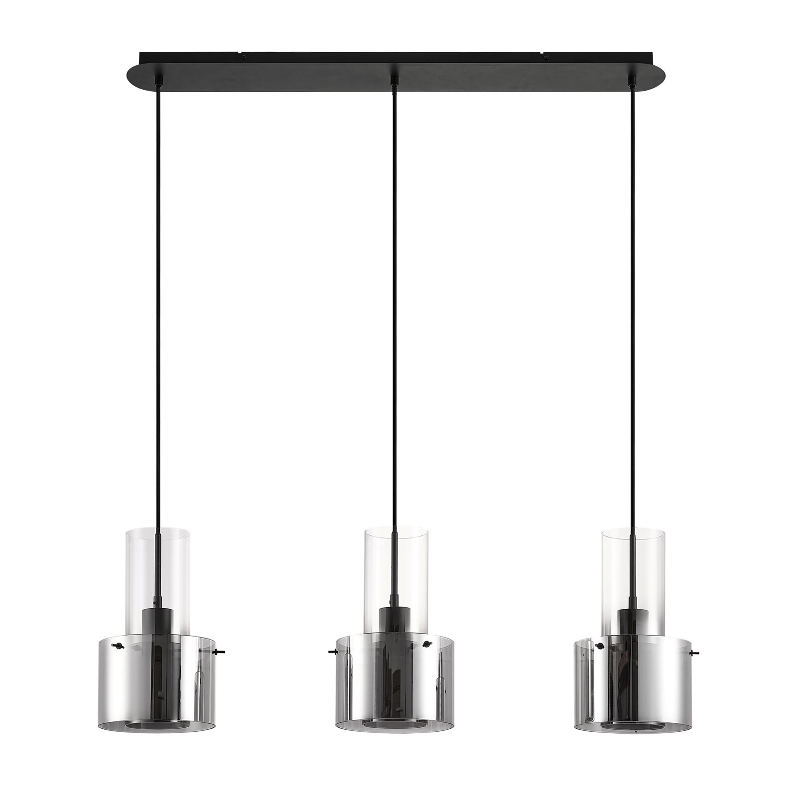 Moderne hanglamp met drie cilindervormige glazen lampenkappen, gezien van voren.