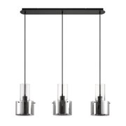 Moderne hanglamp met drie cilindervormige glazen lampenkappen, gezien van voren.