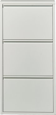 Weißer, schmaler Schuhschrank mit drei Klappfächern, frontale Ansicht vor neutralem Hintergrund