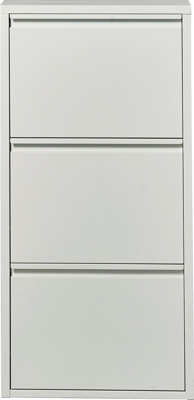 Weißer, schmaler Schuhschrank mit drei Klappfächern, frontale Ansicht vor neutralem Hintergrund